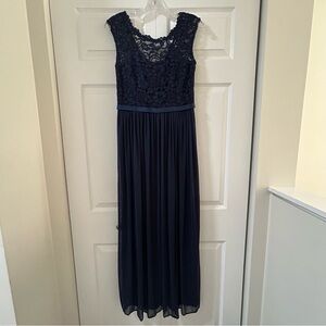 David's Bridal Navy Lace Bodice Chiffon Gown